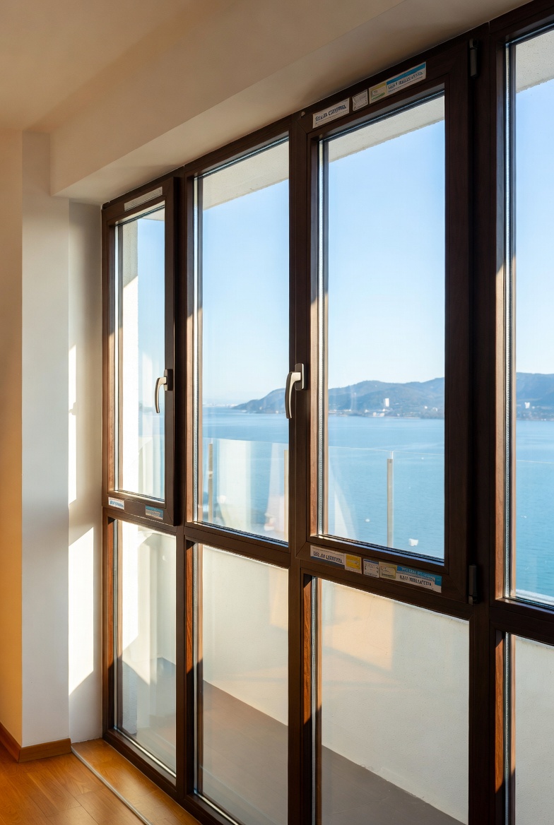 Современные пластиковые окна с солнцезащитным стеклопакетом в светлой квартире с видом на море